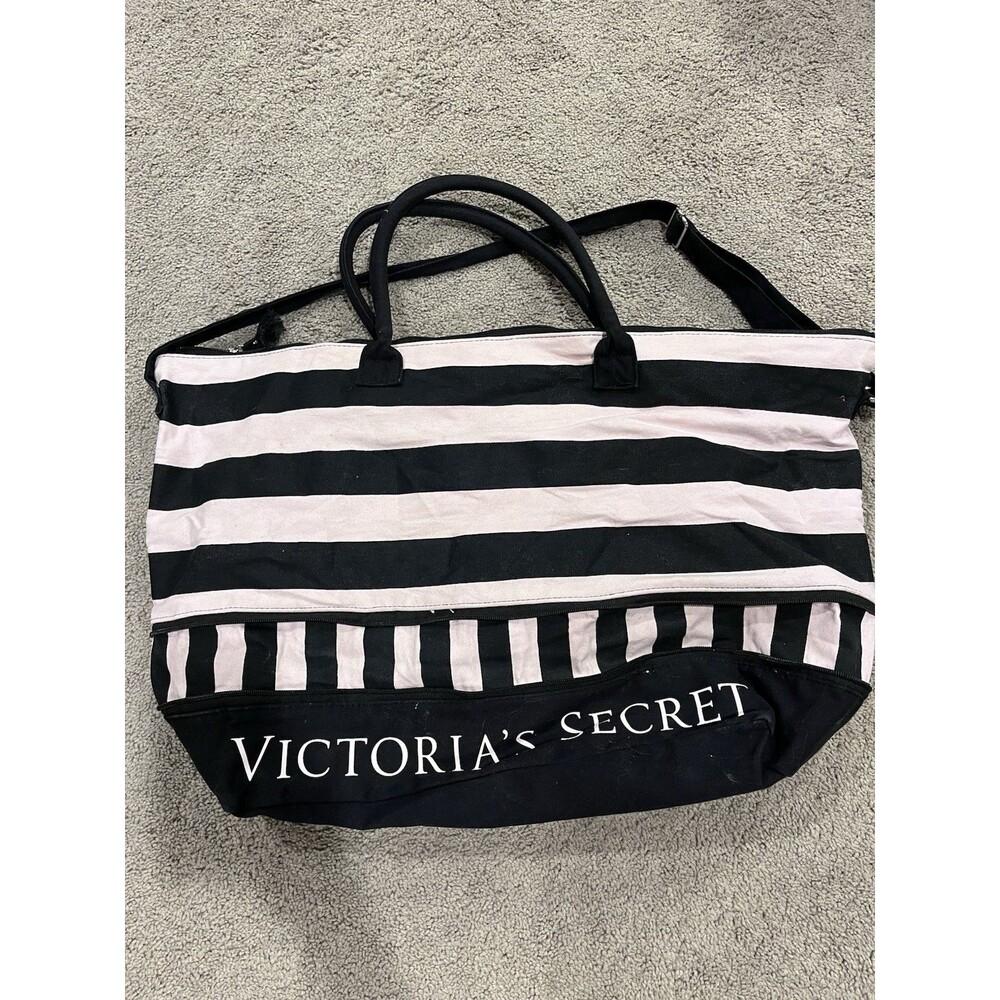 Victorias Secret Pink Black Stripe Duffel Bag Weekender Travel Gym Tote Large